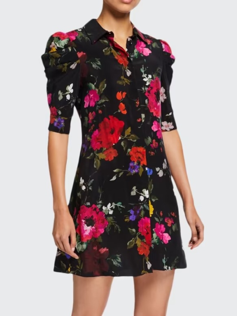Alice + Olivia Jem Puff Sleeve Multicolor Floral Mini Shirt Dress Small